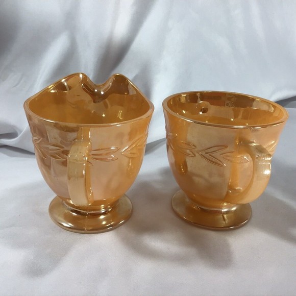 Peach Luster Ware Fire King Iridescent Sugar Creamer Leaf Pattern Mid Century - Picture 9 of 10